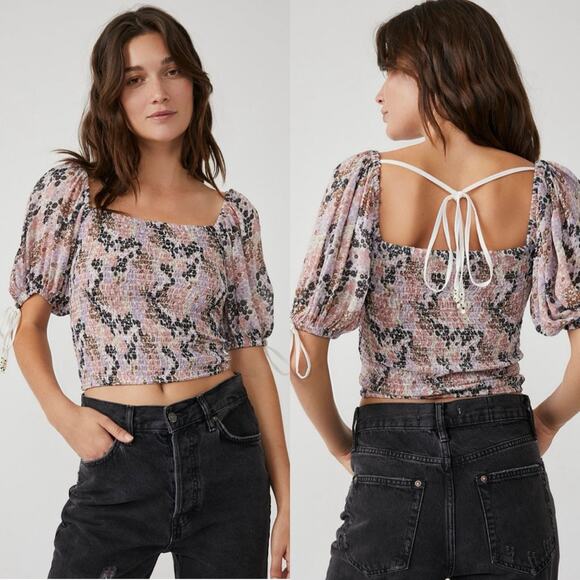 NWT Free People Back On Top Smocked Puff Sleeve Floral Tie Detail Blouse Size S - Picture 1 of 15